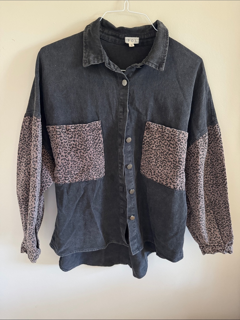 POL Black Denim Button-Up Leopard Accent Jacket